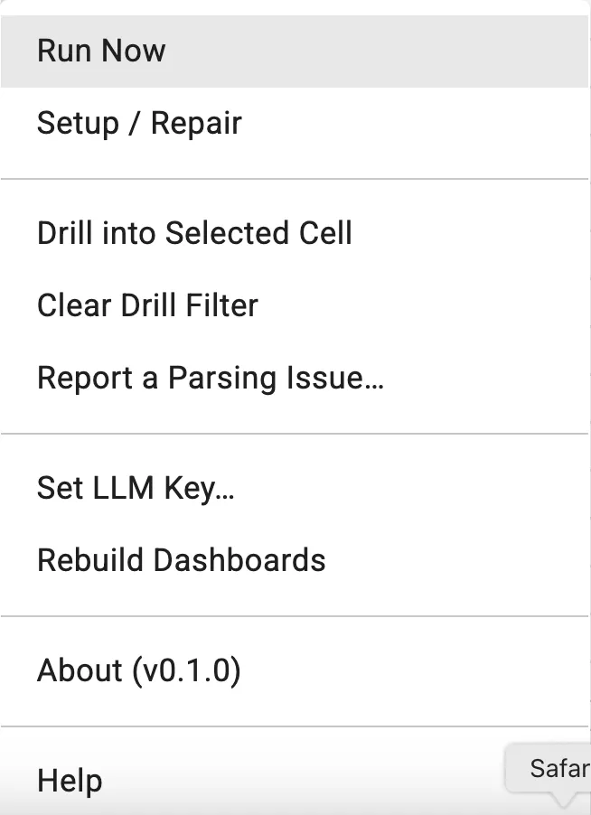 The Extensions menu in Google Sheets showing Budget by Mail with Run Now, Setup / Repair, and other actions.