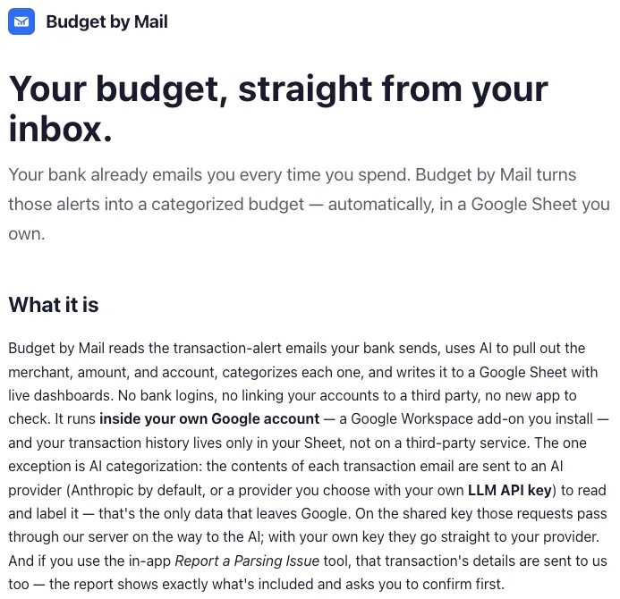 The budgetbymail.com landing page — a description of the app and a "sign in with Google" button to request access.