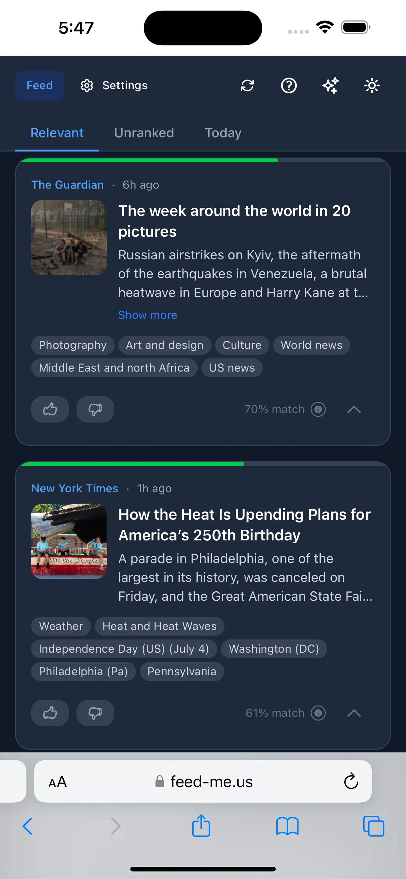 The Feed Me main feed: a ranked list of article cards, each with a relevance score and tappable topic keywords, under a fixed bar with the Relevant / Unranked / Today tabs.