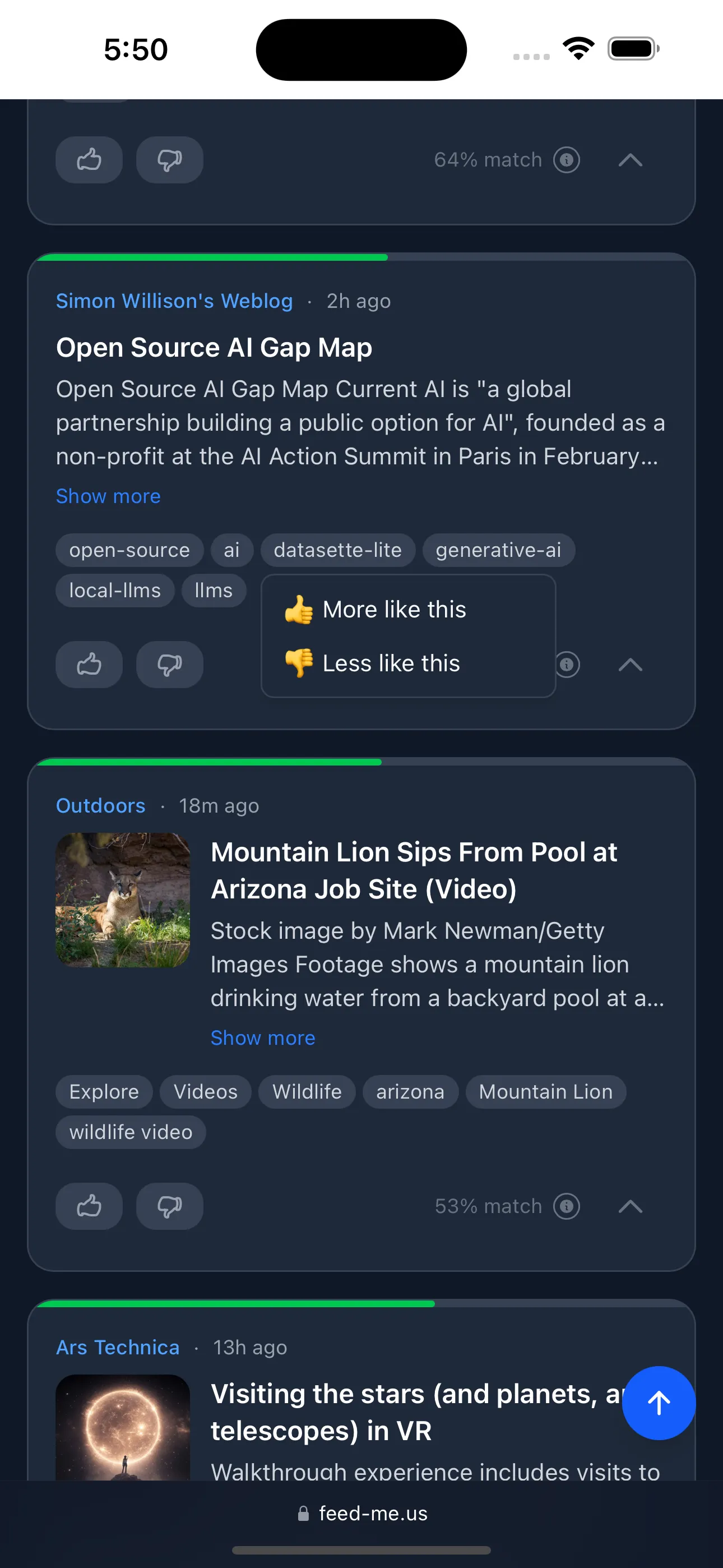 An article card whose topic keywords are shown as pills; one keyword has been tapped, opening a small menu with “👍 More like this” and “👎 Less like this.”