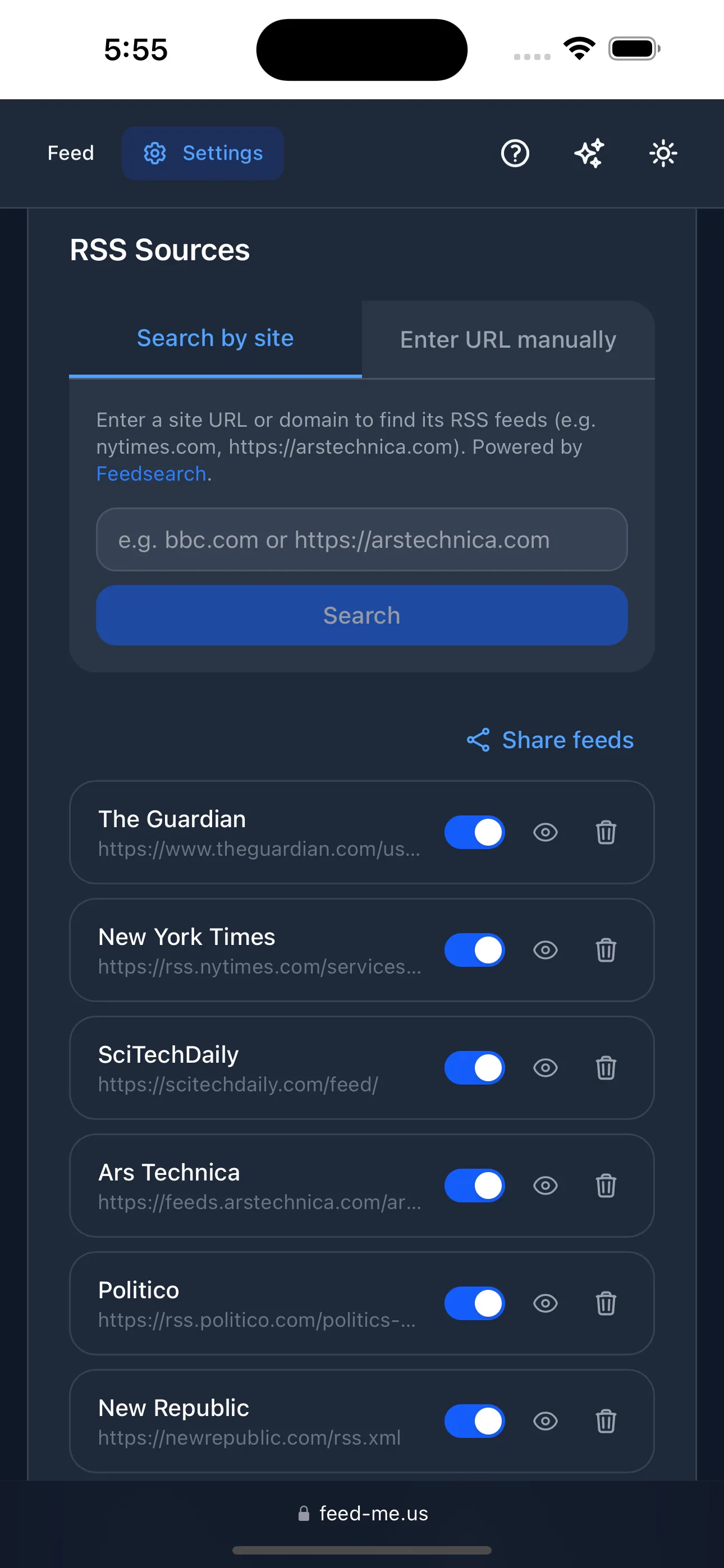 The RSS Sources settings: a list of subscribed sources with mute, focus, and delete controls, plus a box to add a new source by URL or by searching for a site.