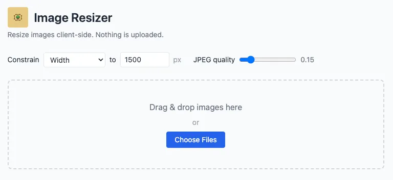 The Image Resizer home screen: resize settings up top and a drag-and-drop zone below.