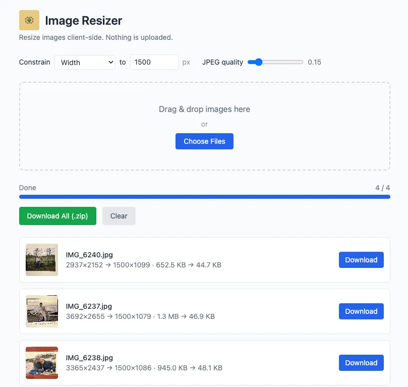 The results list after processing a batch — each image shows its old and new size.