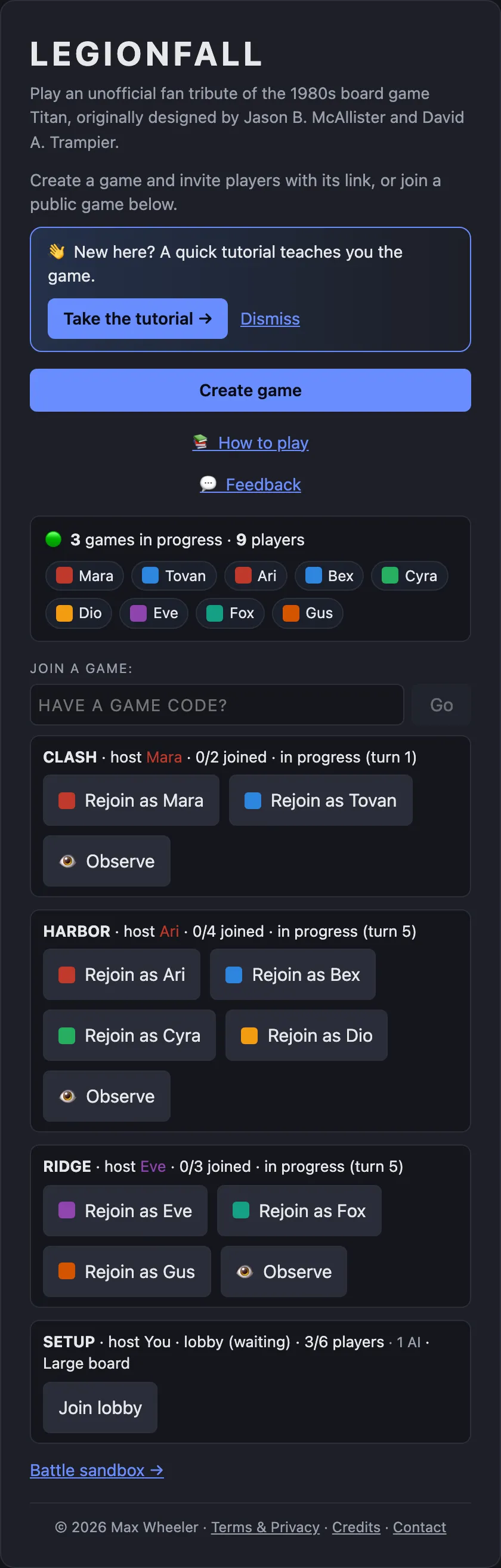 The LEGIONFALL home screen: create a game, join a public game, or drop in a code — with a live count of games in progress and who's playing.