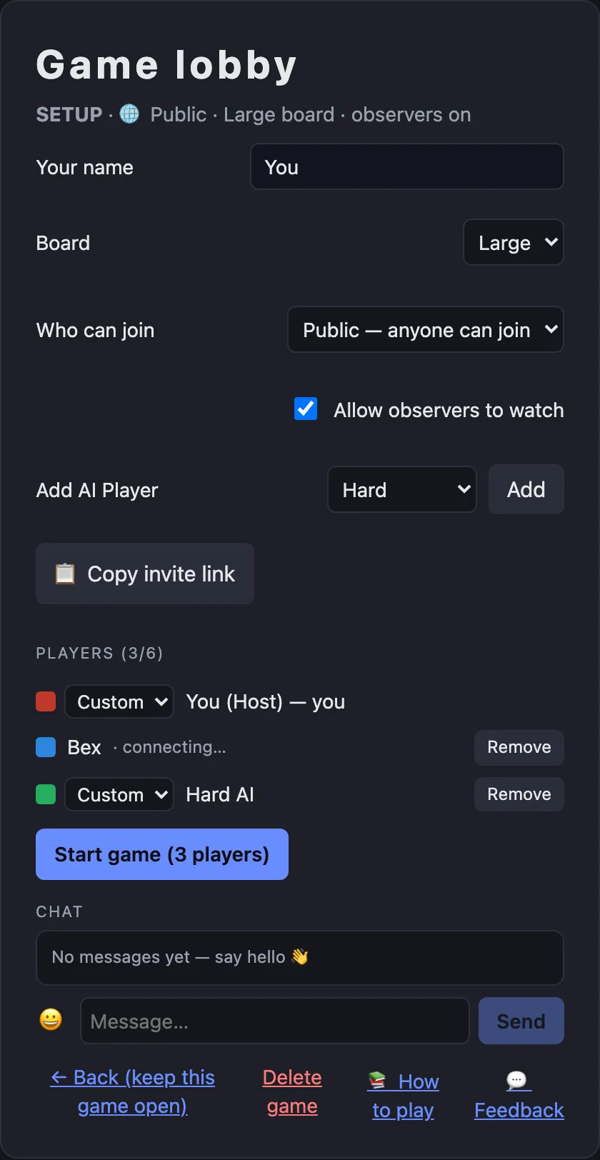 Setting up a game in the lobby: gather players, add AI opponents, pick the board and options.