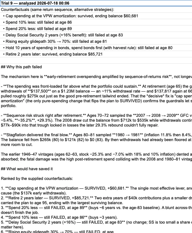 An AI analysis on the Analysis tab: why the trial failed and which mitigations would have saved it, with counterfactual outcomes.