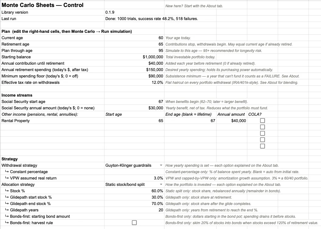 The Control tab: every input for the plan — ages, balance, spending, income streams, strategy pickers — each with a one-line explanation.