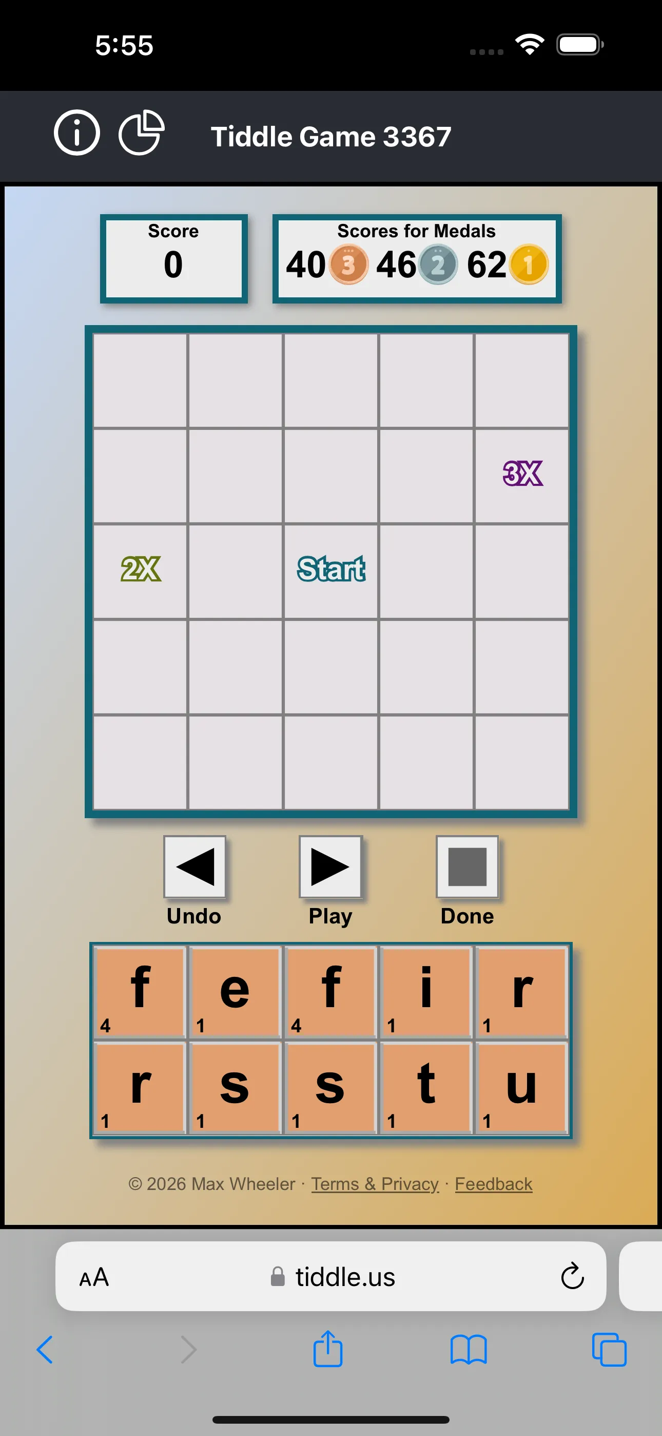 The Tiddle daily game: a score panel with medal targets, a 5×5 grid with Start and bonus squares, Undo/Play/Done controls, and a rack of lettered tiles.