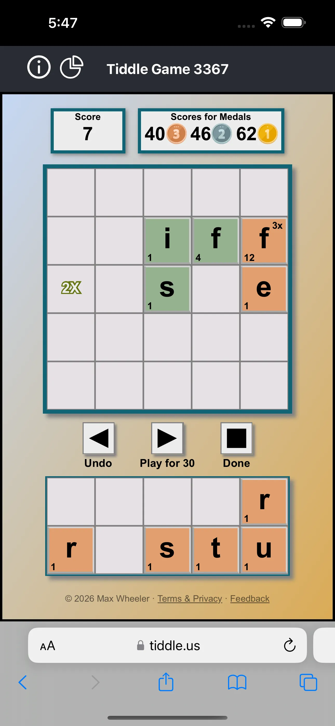 A grid mid-move: green tiles form locked-in words while orange tiles are the new play being placed, with an 'f' on a 3× square worth 12 and a 'Play for 30' preview.