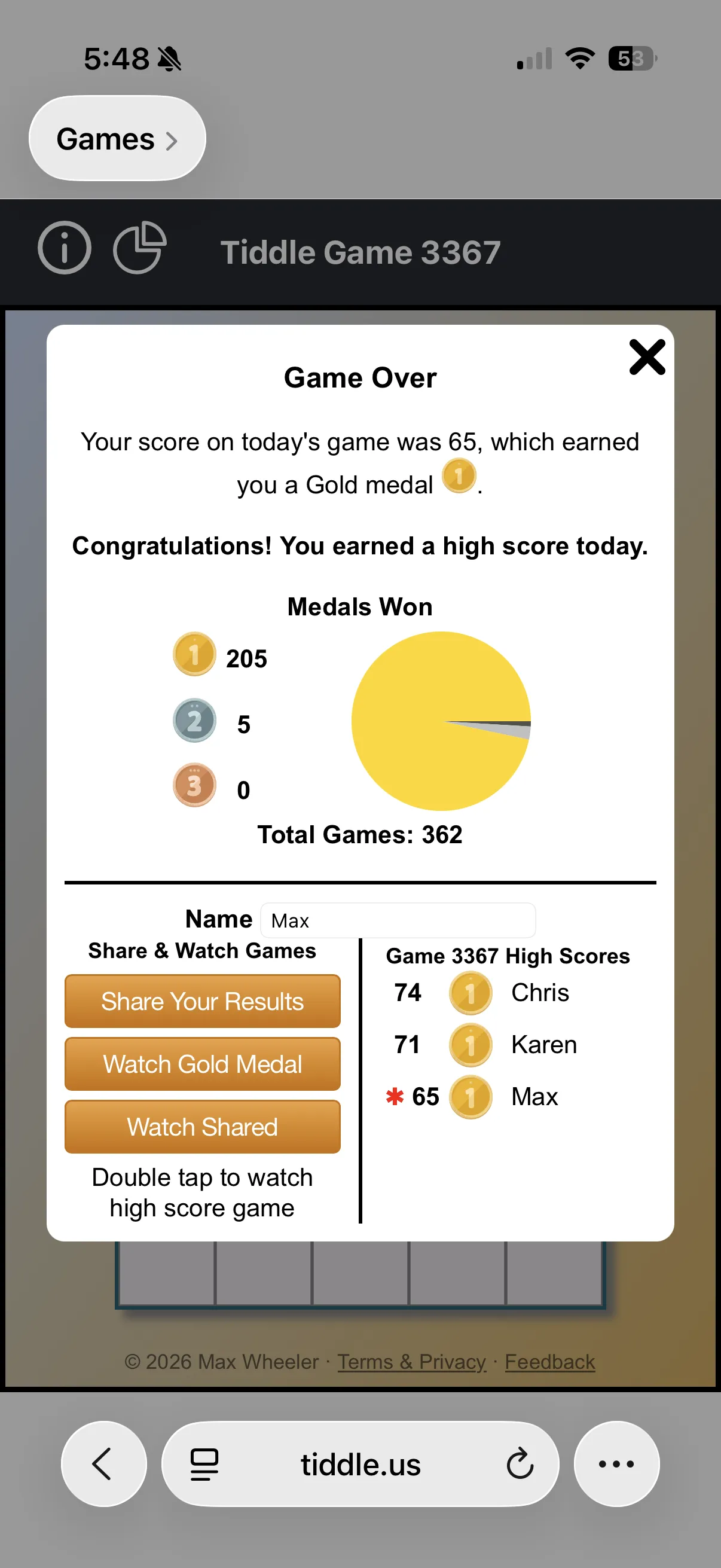 The end-of-game screen: the medal earned, a 'Medals Won' lifetime tally with a pie chart, the day's high-score leaderboard with your entry starred, and share/watch buttons.
