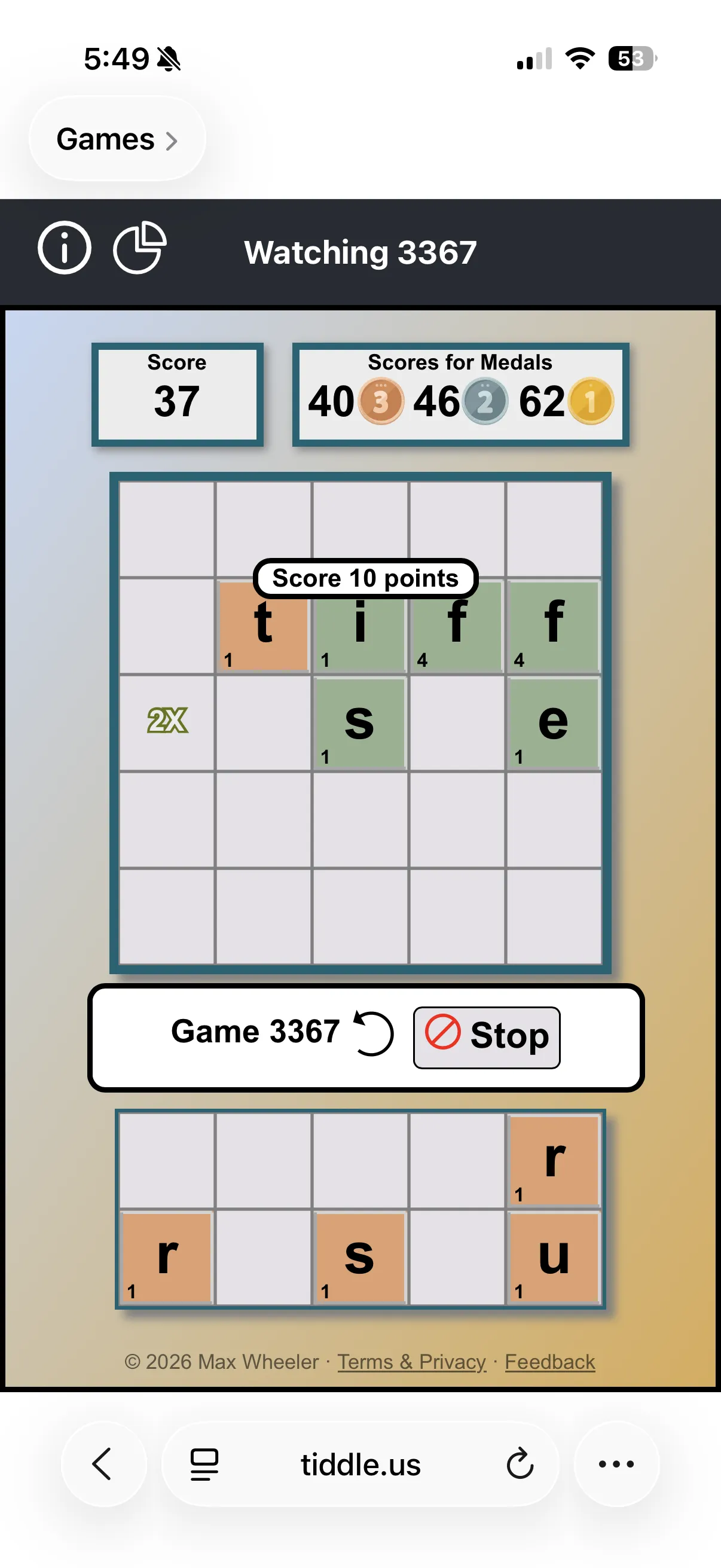 A top game replaying on the board — the header reads 'Watching', tiles fill in with running score popups, and a Stop button ends the replay.
