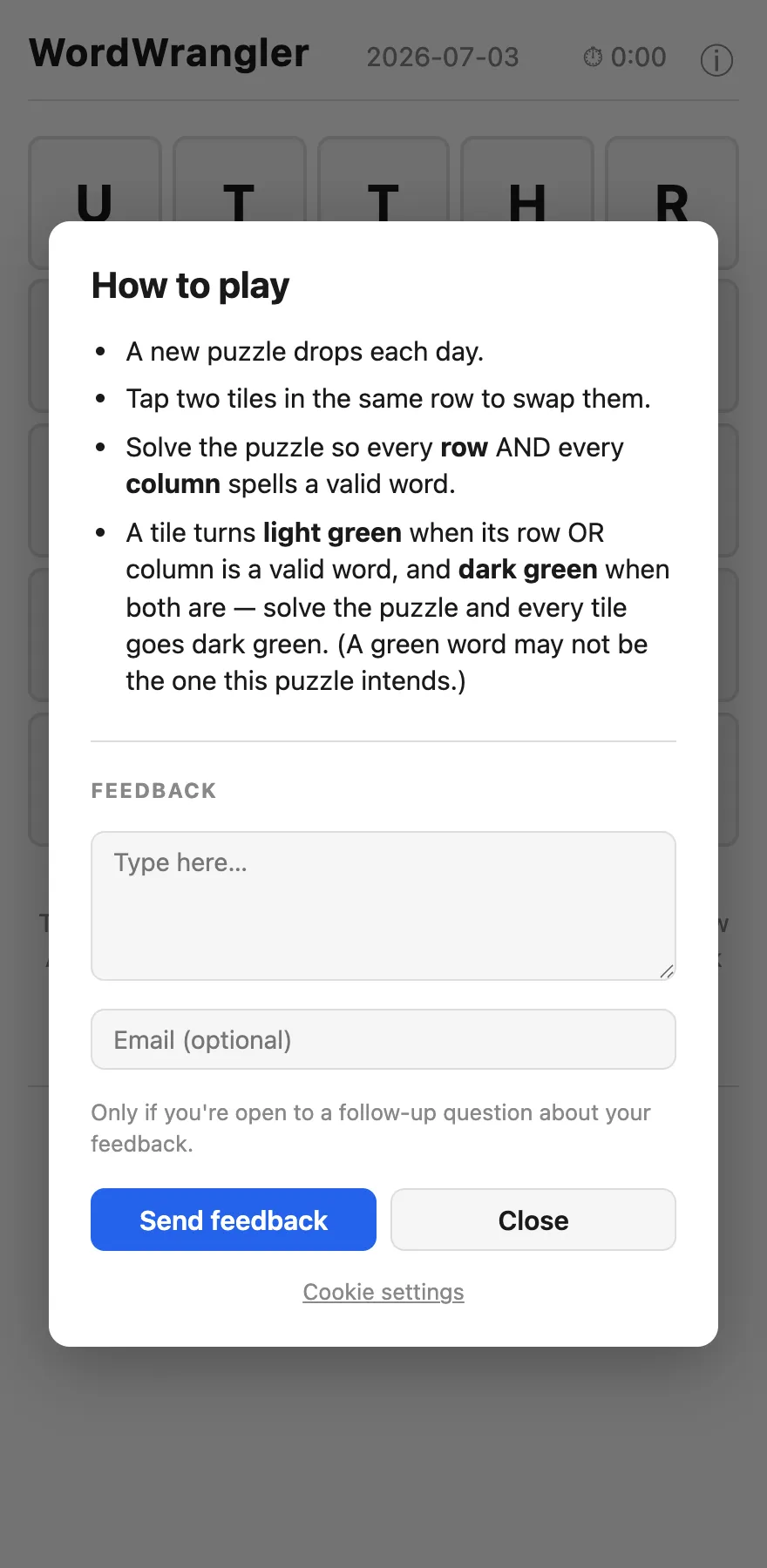 The "How to play" panel: a short bulleted rules summary and a feedback box.