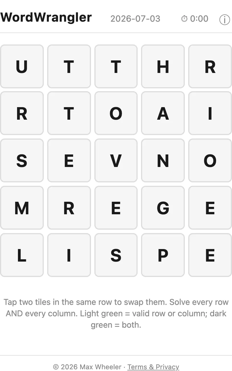 The revealed puzzle: a 5×5 grid of scrambled letter tiles ready to be rearranged.