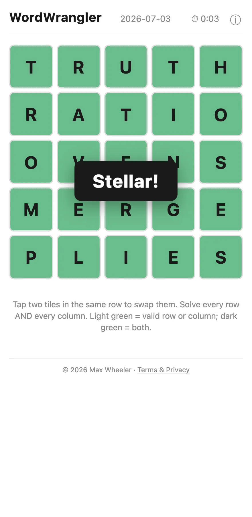 A fully solved grid, every tile green, spelling FOLDS / OPERA / REGAL / TRIPE / HATES across and down, with a "Stellar!" celebration.