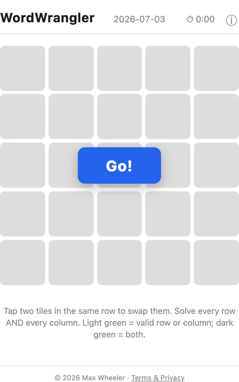 The WordWrangler start screen: a 5×5 grid of face-down tiles behind a "Go!" button, with the date and a timer in the header.